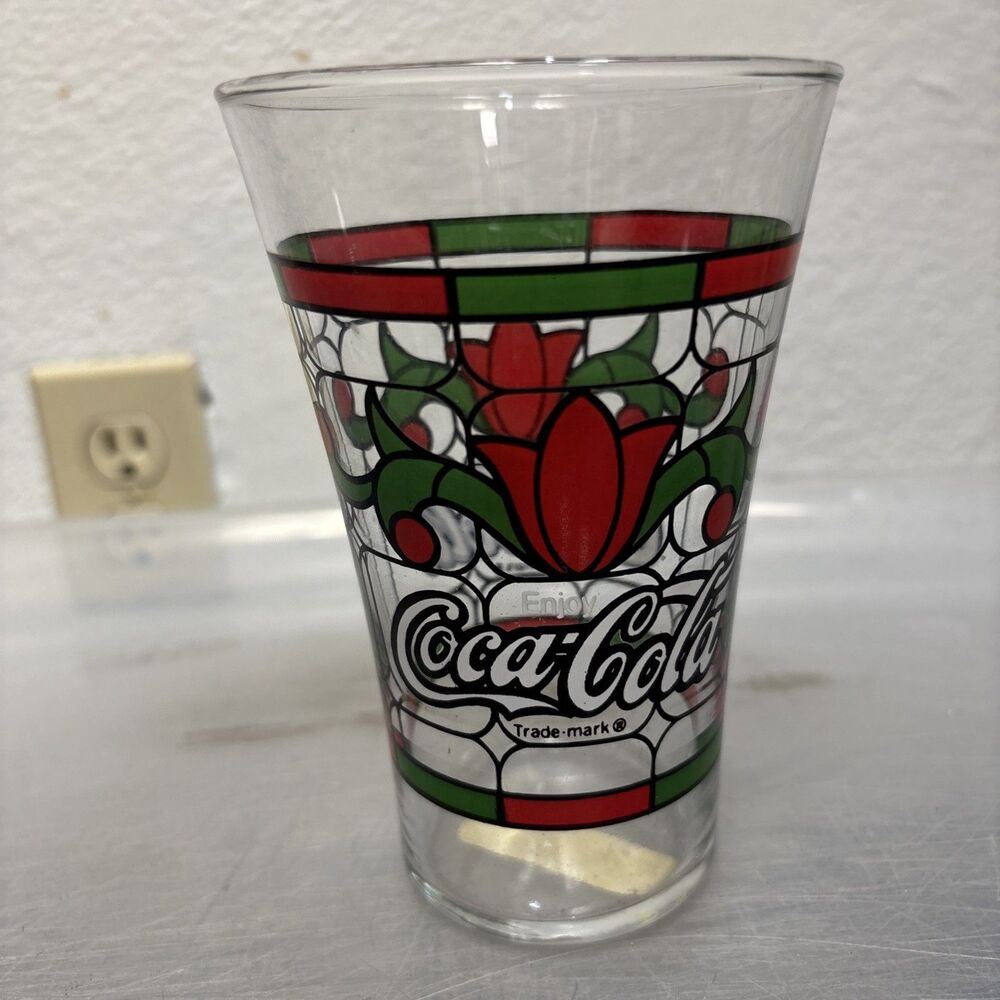 Coca Cola Coke Stained Glass Vintage Tulip Flared Red Green Drinking Glass